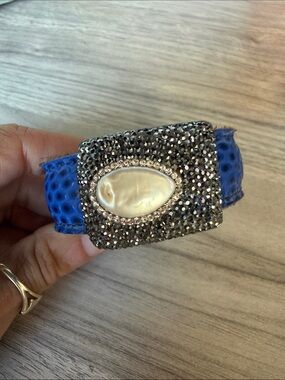 Blue Leather Crystal & Mother-of-Pearl Statement Bracelet